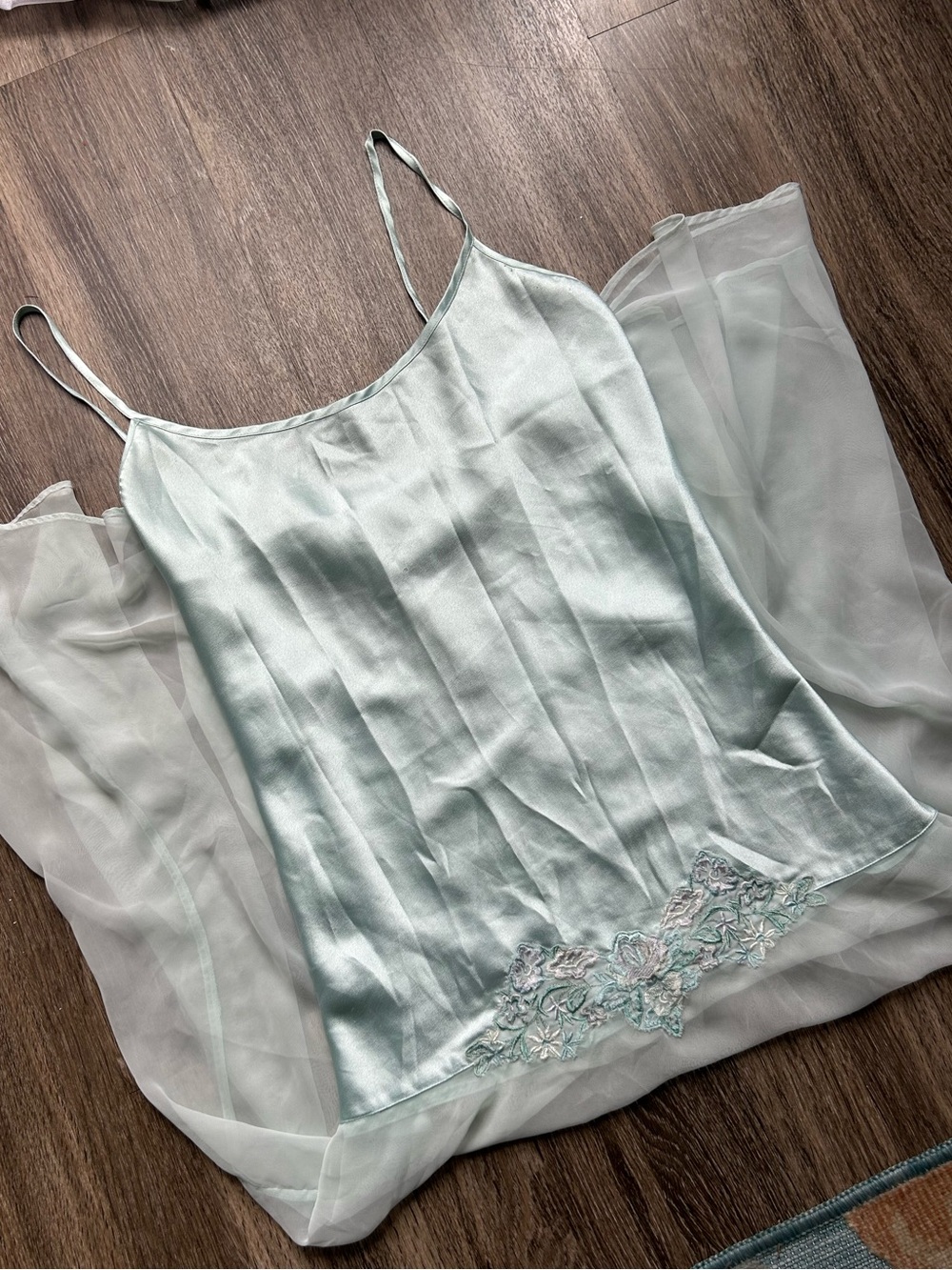 Vintage 90s Valentino Intimo Mint Green Satin Slip Dress with Floral Embroidery